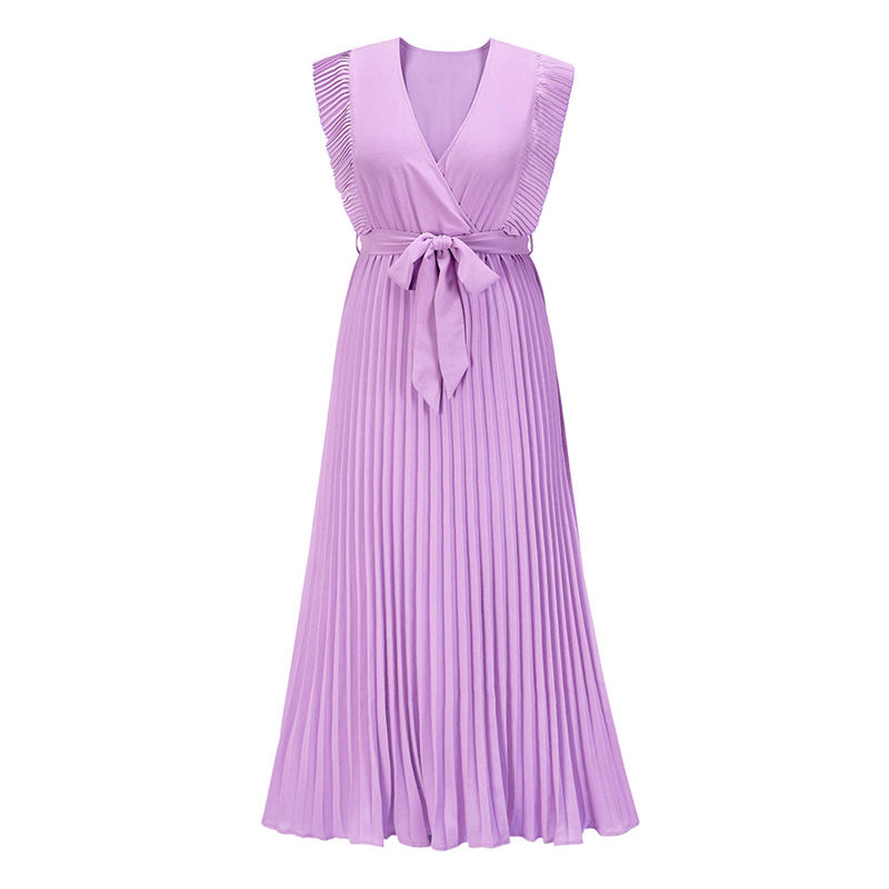 Temperament Beach Long Dress Fashion Slim Sexy Ruffle Sleeve Chiffon Pleated Skirt Solid Color Dress - Image 25