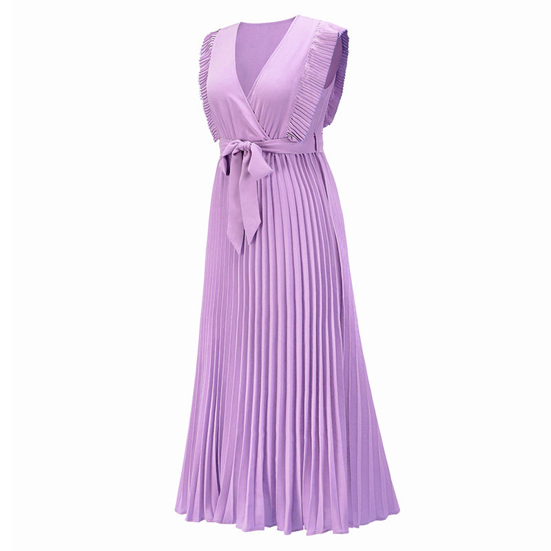 Temperament Beach Long Dress Fashion Slim Sexy Ruffle Sleeve Chiffon Pleated Skirt Solid Color Dress - Image 27