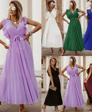 Temperament Beach Long Dress Fashion Slim Sexy Ruffle Sleeve Chiffon Pleated Skirt Solid Color Dress