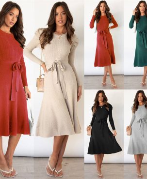 Bubble Long Sleeve Knitted Dress Mid-Length Temperament Slimming High Waist Big Swing Dress Base Sweater Dress