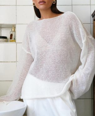 Hollow Sweater Women's See-through Thin Round Neck Long Sleeve Knitted T-shirt