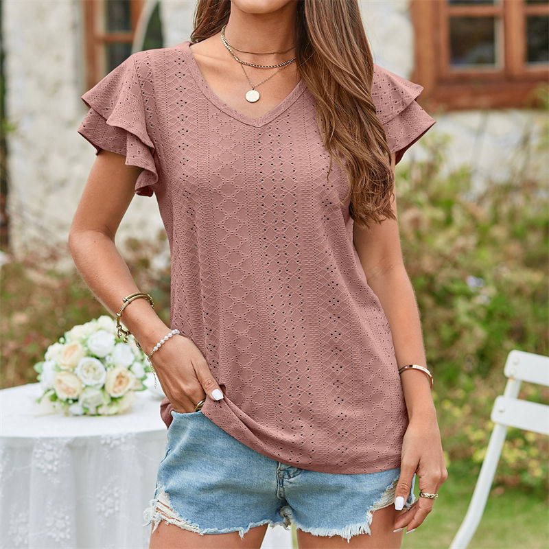 Summer Women's Clothing T-shirt Hole Hollow-out Ruffle Sleeve Casual Top - Image 12