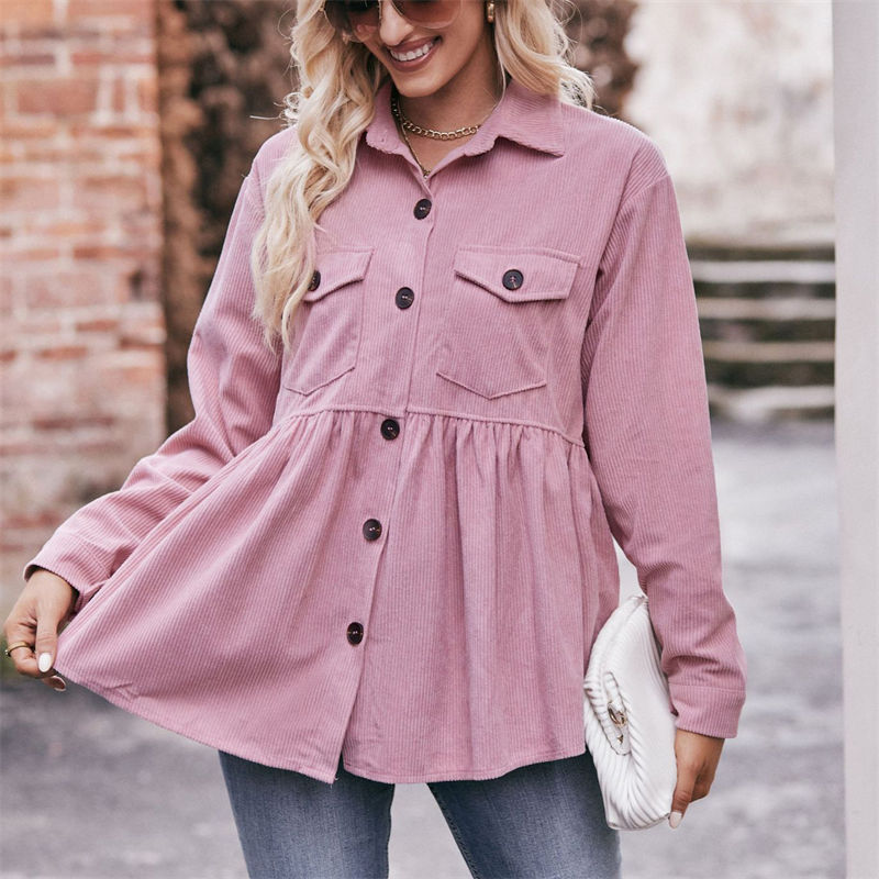 Women Clothing Solid Color Button Leisure Doll Shirt Babydoll Corduroy T-Shirt Casual Top - 图片 11