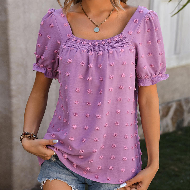 Chiffon Fur Ball Short-Sleeved Shirt Square Collar Smocking T-Shirt Solid Color Top - Image 14