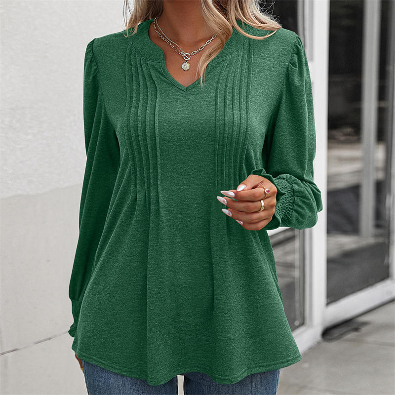 Women's Clothing Solid Color Casual Top Puff Sleeve Smocking V-neck Long Sleeve T-shirt - Image 17
