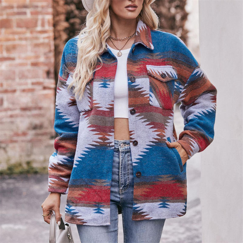 Women's Geometric Jacket Shirt Lapel Woolen Coat Long-Sleeved Loose Coat - 图片 12