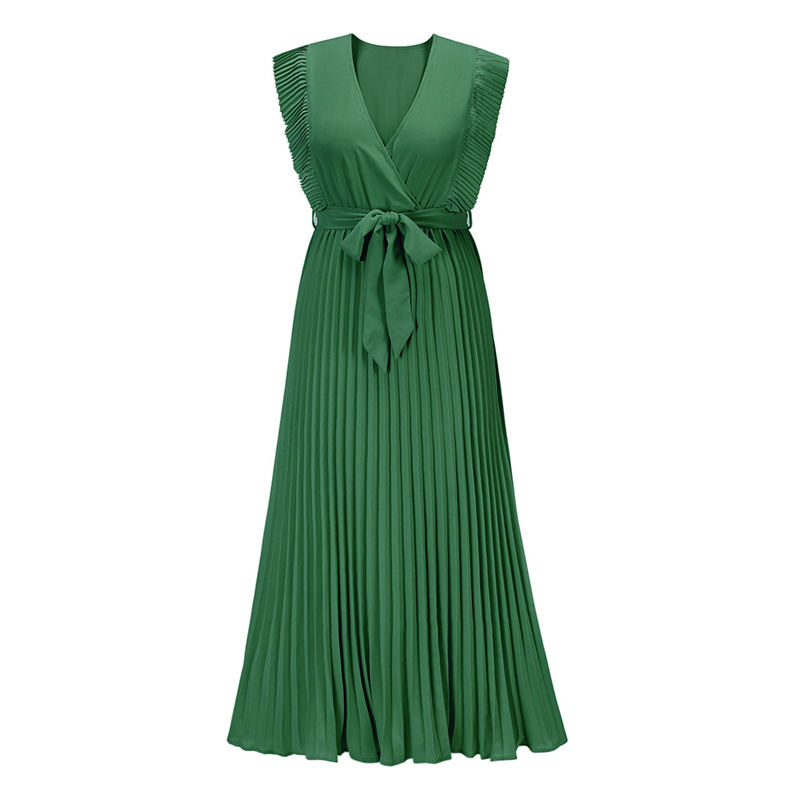 Temperament Beach Long Dress Fashion Slim Sexy Ruffle Sleeve Chiffon Pleated Skirt Solid Color Dress - Image 28