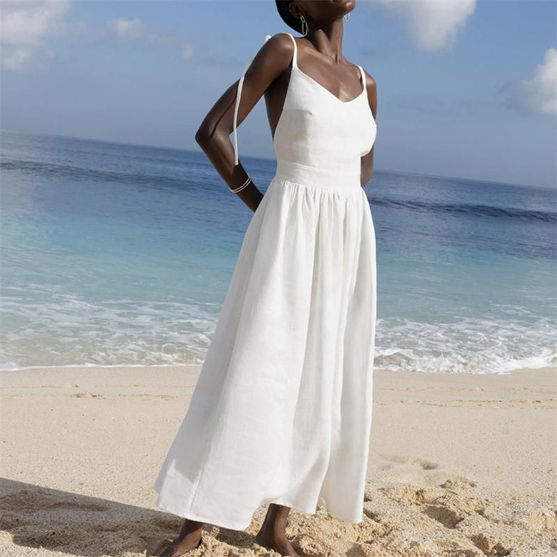 Women's Pure Cotton V-neck Skirt with Shoulder Straps Elegant Sexy Lace-up Backless Dress - 图片 21
