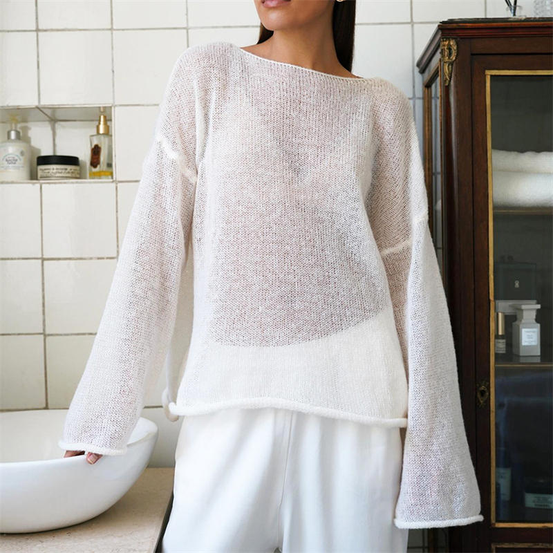 Hollow Sweater Women's See-through Thin Round Neck Long Sleeve Knitted T-shirt - Image 21
