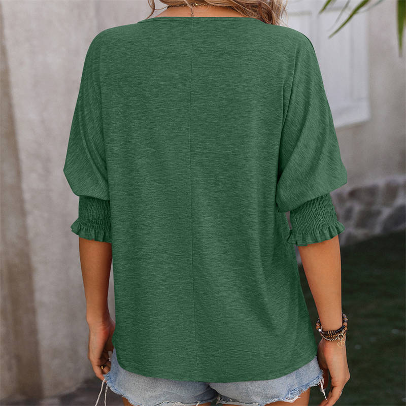 Women's Clothing Summer Loose V-neck Batwing Sleeve Smocking Color Cotton T-shirt - Image 9