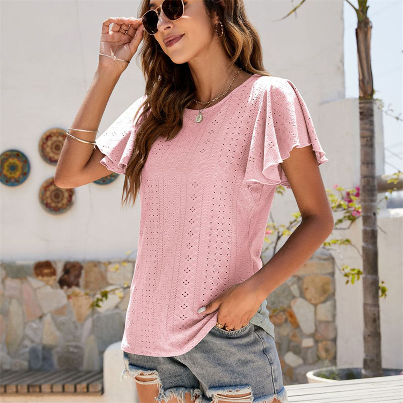 Summer T-shirt Hollow Waist Ruffle Sleeve Casual Top Short Sleeved T-shirt - Image 13