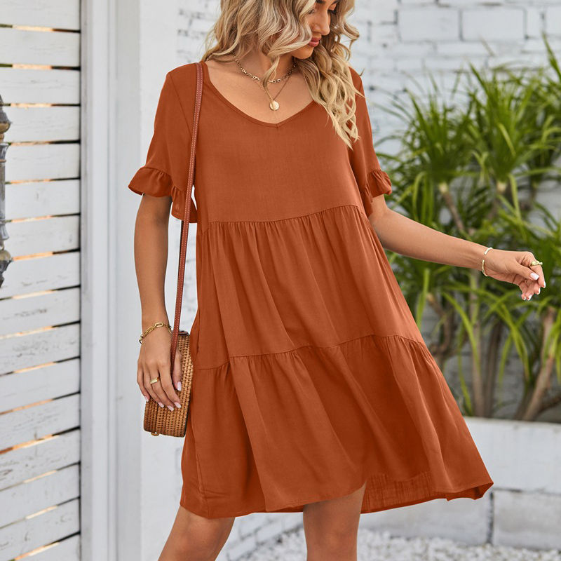 Women's Clothes Summer Casual V-neck Three-Layer Pleated Dress Short Sleeved Skirt - Image 12
