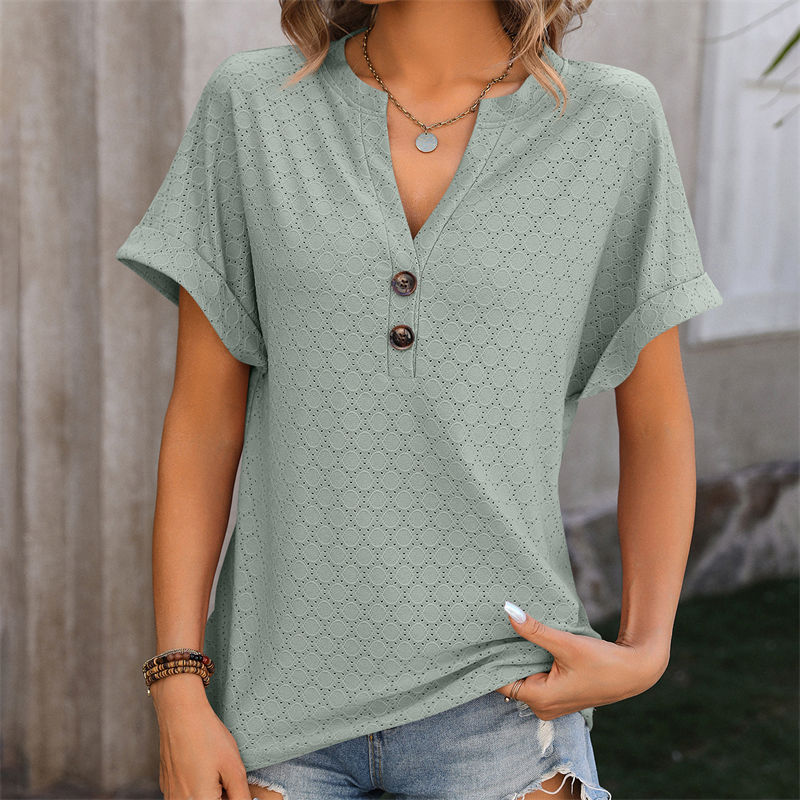 Spring/Summer V-neck Button Solid Color Polka Dot Loose Short Sleeve T-shirt for Women - 图片 11
