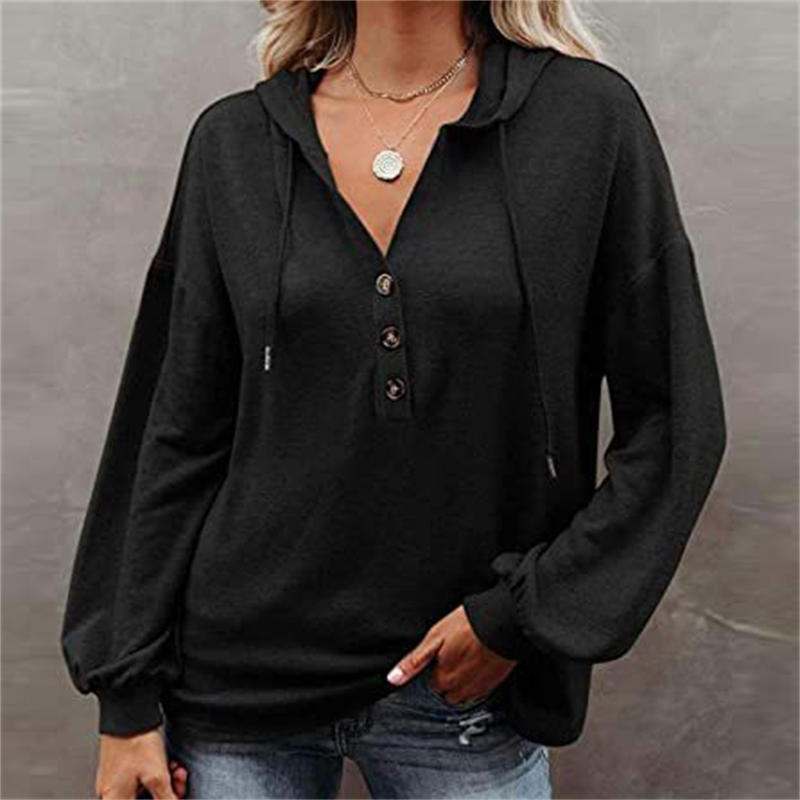 Fashion Casual Loose Solid Color Hoodie Sweater Buttons Long Sleeve Blouse - Image 14