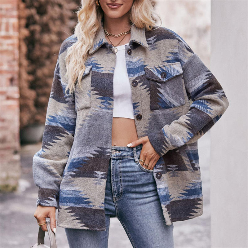 Women's Geometric Jacket Shirt Lapel Woolen Coat Long-Sleeved Loose Coat - 图片 13