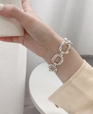 Silver Bracelets for Women Trend Hip Hop Vintage Thick Chain Creative Hollow Geometric Design Party Jewelry