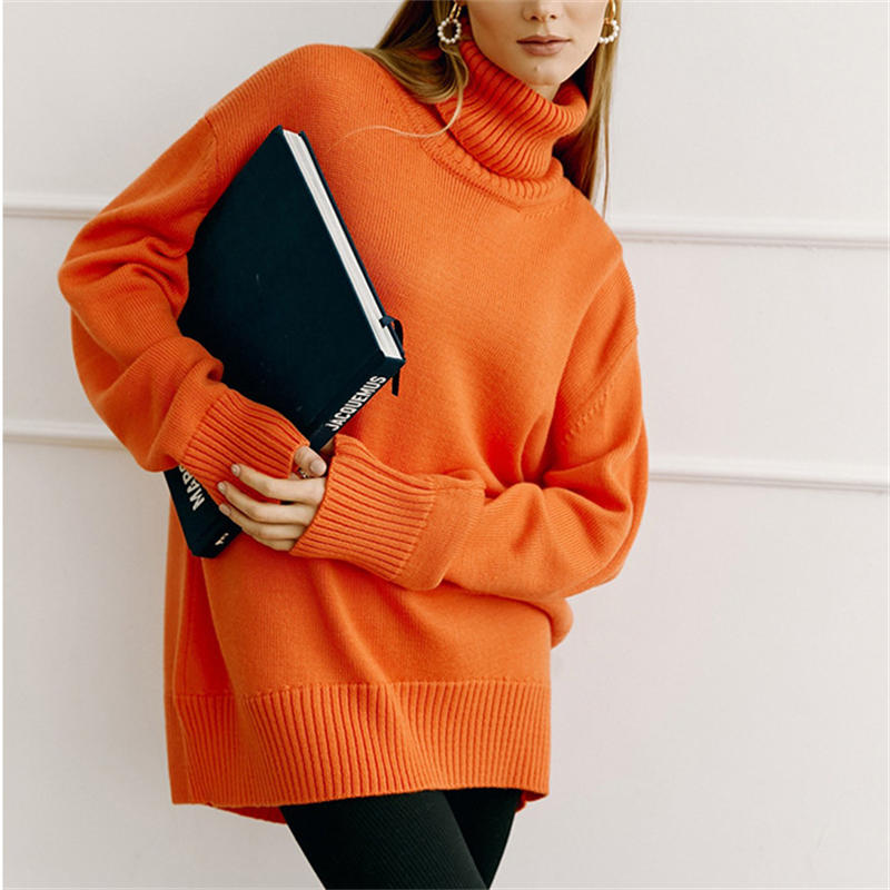 Women Fashion Solid Color Turtleneck Sweater Loose Knitwear Pullover Sweater - 图片 34