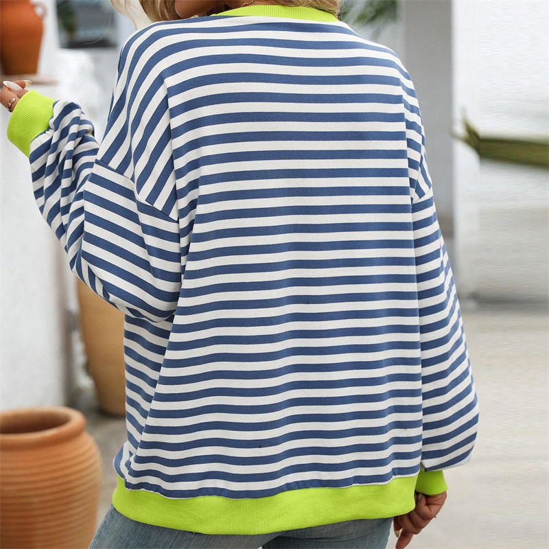 Color Striped round Neck Loose Sweatshirt Sweater for Women Long Sleeve Blouse - 图片 16