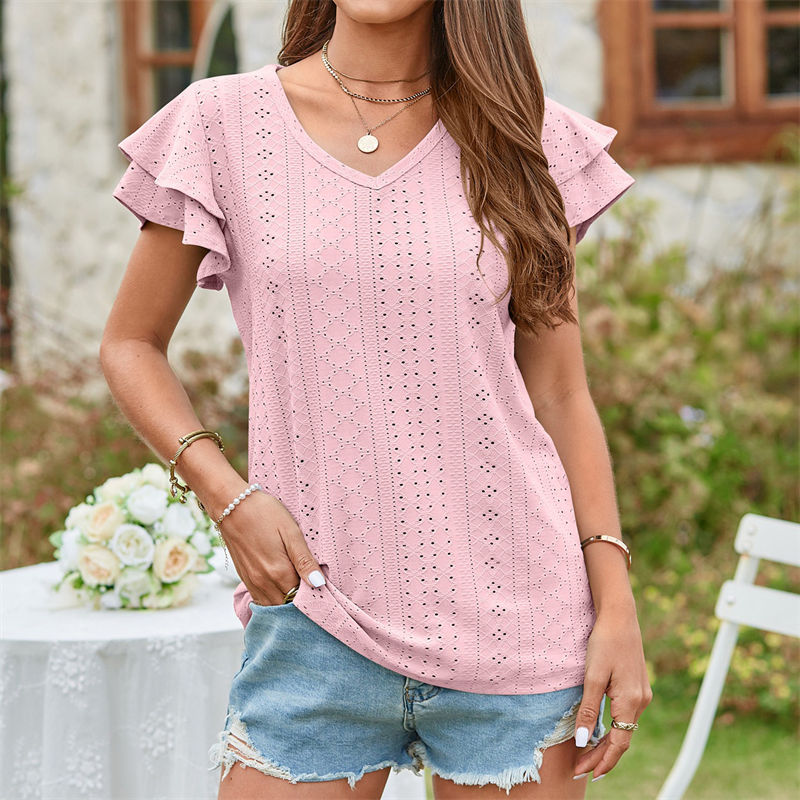 Summer Women's Clothing T-shirt Hole Hollow-out Ruffle Sleeve Casual Top - Image 13
