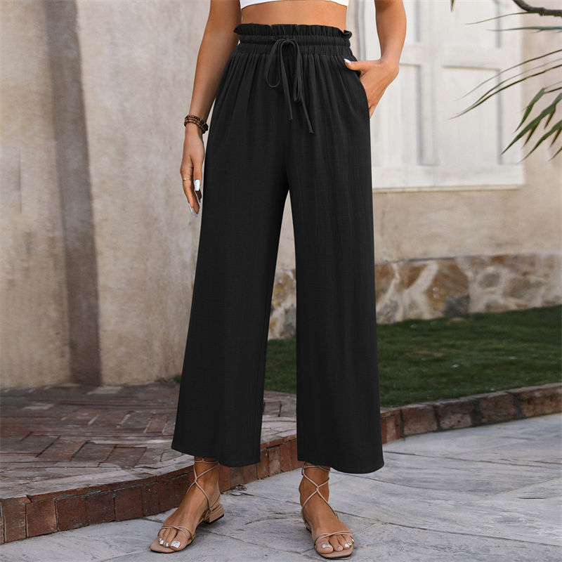 Women's Clothing Spring Casual Solid Color Loose Cotton and Linen High Waist Wide Leg Trousers - Image 12