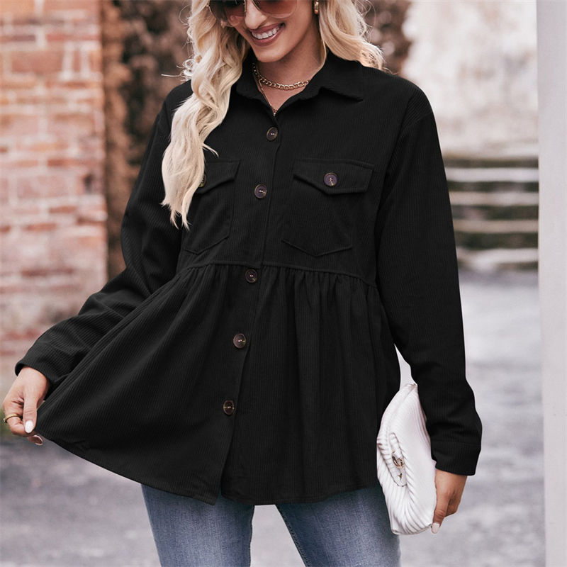 Women Clothing Solid Color Button Leisure Doll Shirt Babydoll Corduroy T-Shirt Casual Top - 图片 12