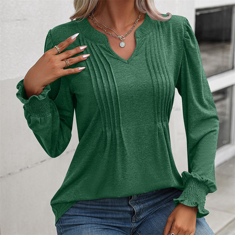 Women's Clothing Solid Color Casual Top Puff Sleeve Smocking V-neck Long Sleeve T-shirt - Image 18