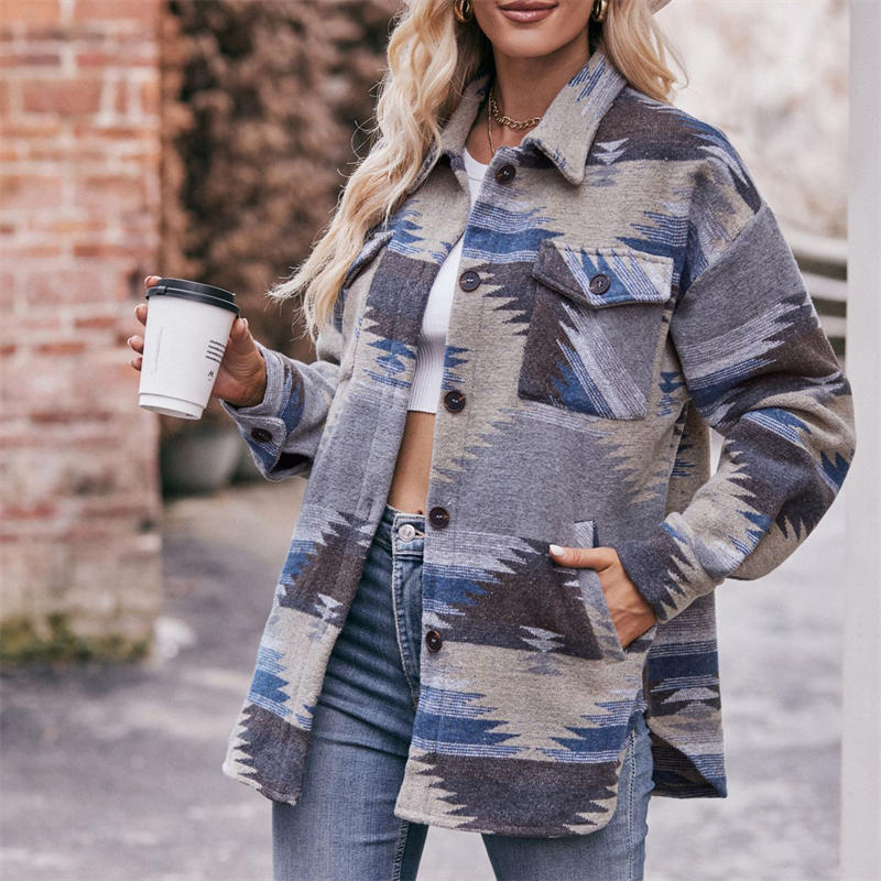 Women's Geometric Jacket Shirt Lapel Woolen Coat Long-Sleeved Loose Coat - 图片 14