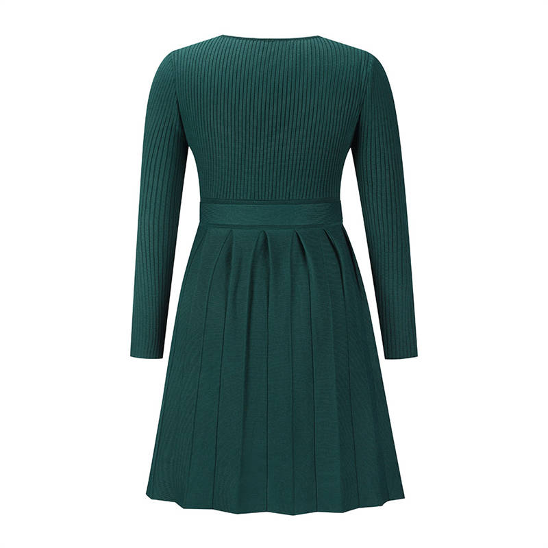 Fashion Sweater Dress Sexy V-neck Pleated Knitted A-Line Dress Long Sleeve - Image 16
