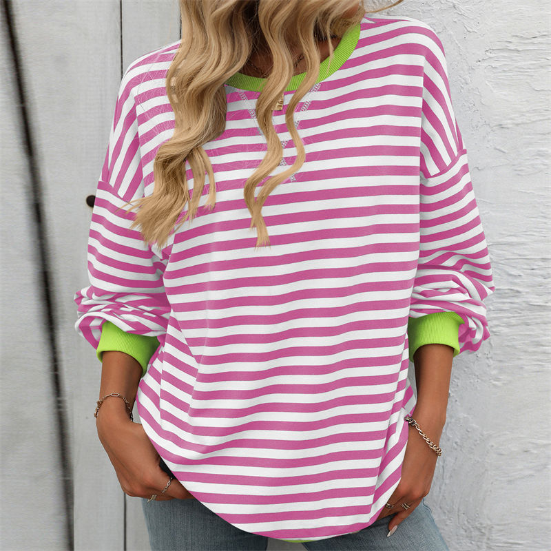 Color Striped round Neck Loose Sweatshirt Sweater for Women Long Sleeve Blouse - 图片 14