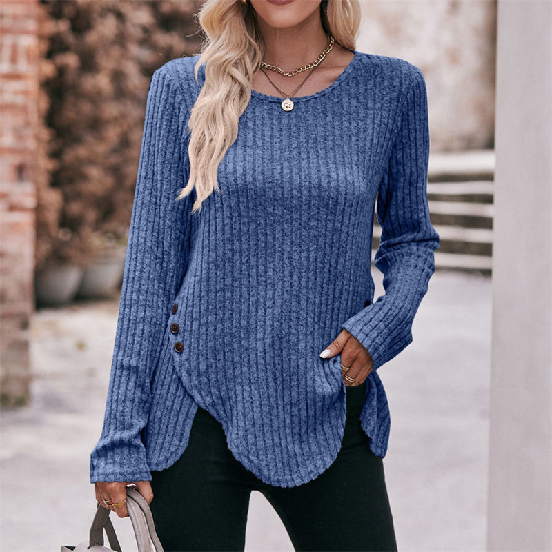 Women's Round-Neck Stripe Brushed Solid Color Top Long Sleeve Button T-shirt - Image 16