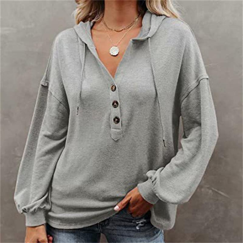 Fashion Casual Loose Solid Color Hoodie Sweater Buttons Long Sleeve Blouse - Image 15
