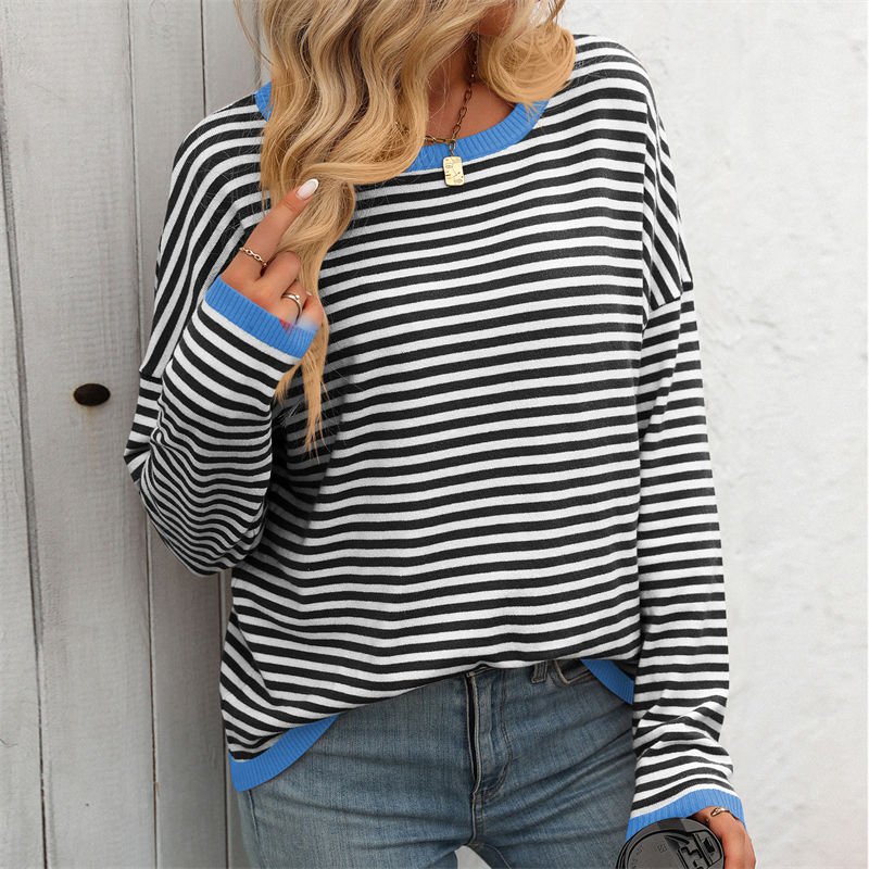 Women's Clothing Round Neck Striped Contrast Color Long Sleeves Casual Sweater - Image 11