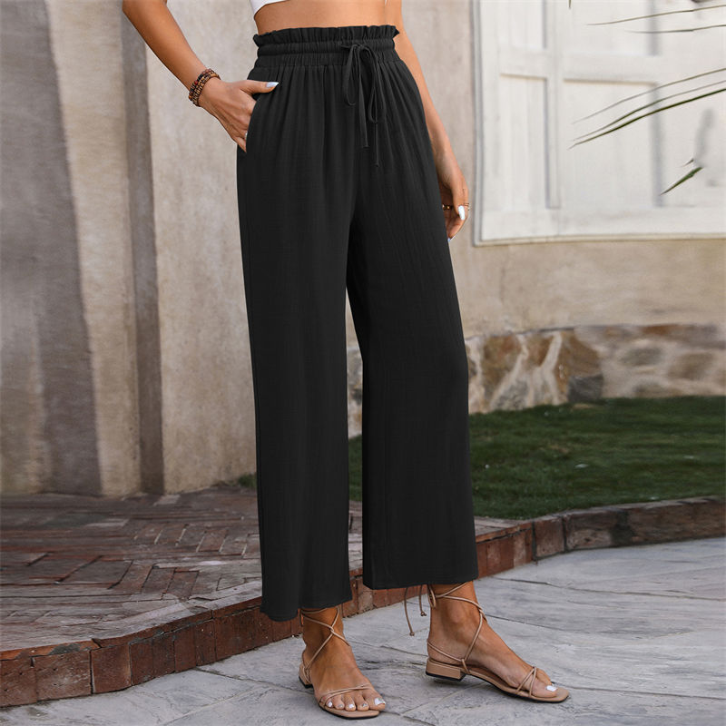 Women's Clothing Spring Casual Solid Color Loose Cotton and Linen High Waist Wide Leg Trousers - Image 13