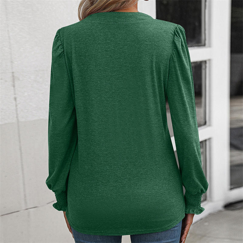 Women's Clothing Solid Color Casual Top Puff Sleeve Smocking V-neck Long Sleeve T-shirt - Image 19