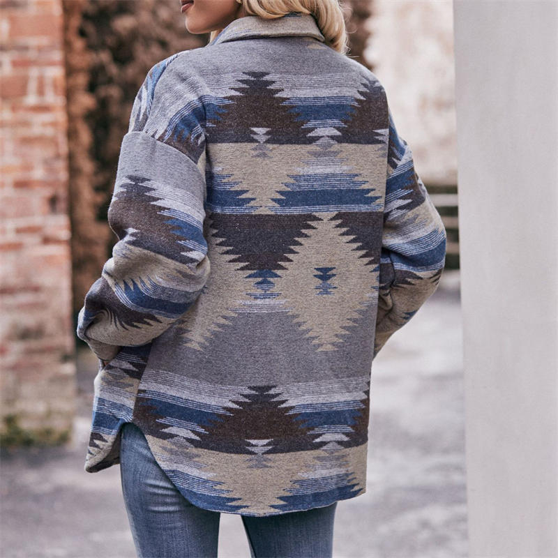 Women's Geometric Jacket Shirt Lapel Woolen Coat Long-Sleeved Loose Coat - 图片 15