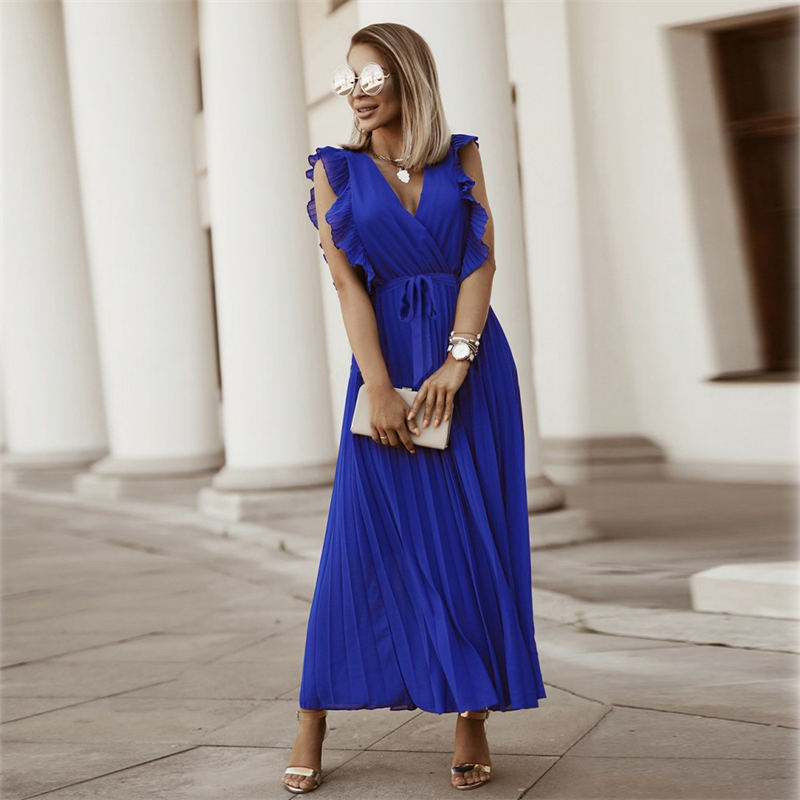 Temperament Beach Long Dress Fashion Slim Sexy Ruffle Sleeve Chiffon Pleated Skirt Solid Color Dress - Image 30