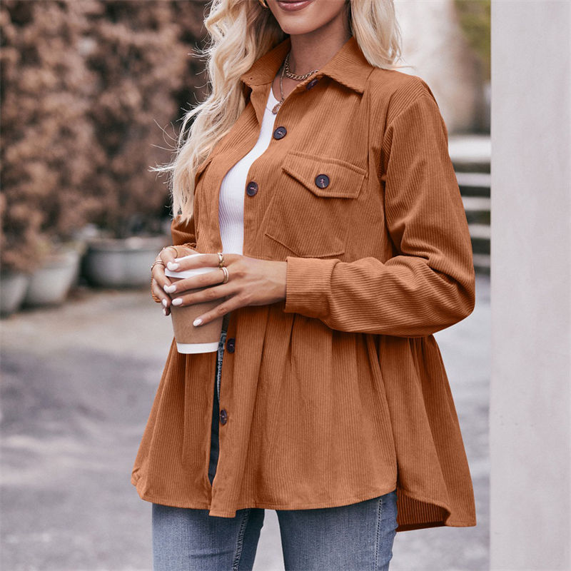 Women Clothing Solid Color Button Leisure Doll Shirt Babydoll Corduroy T-Shirt Casual Top - 图片 14