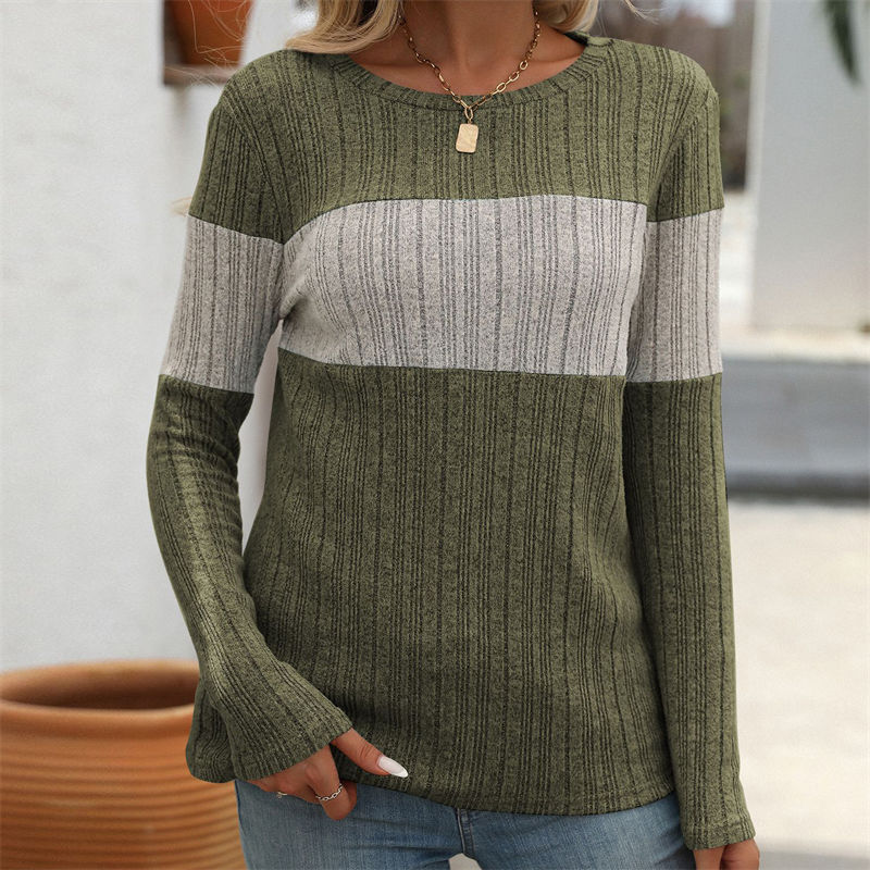 Women's Clothing Casual Multicolor Sunken Stripe T-shirt Long Sleeves Round Beck Top - Image 14