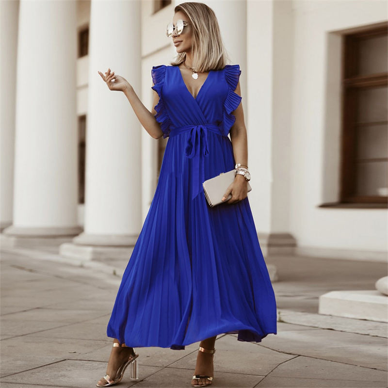 Temperament Beach Long Dress Fashion Slim Sexy Ruffle Sleeve Chiffon Pleated Skirt Solid Color Dress - Image 31