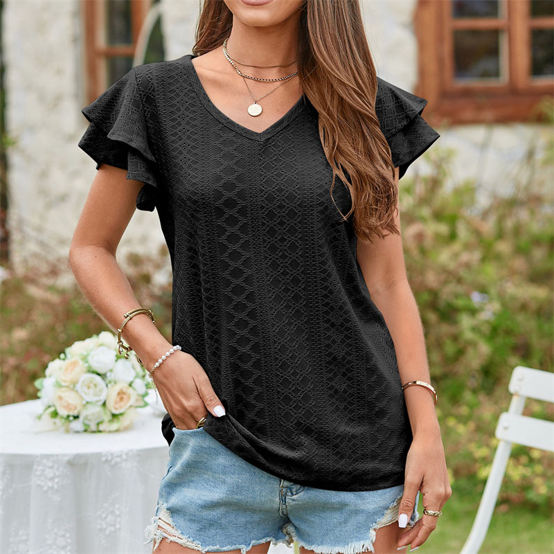 Summer Women's Clothing T-shirt Hole Hollow-out Ruffle Sleeve Casual Top - Image 14