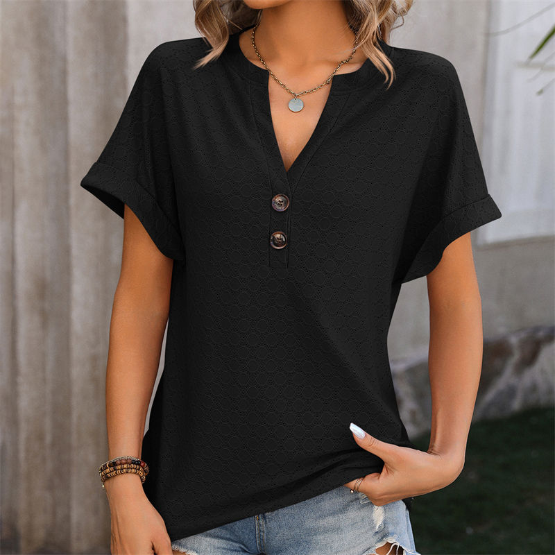 Spring/Summer V-neck Button Solid Color Polka Dot Loose Short Sleeve T-shirt for Women - 图片 13