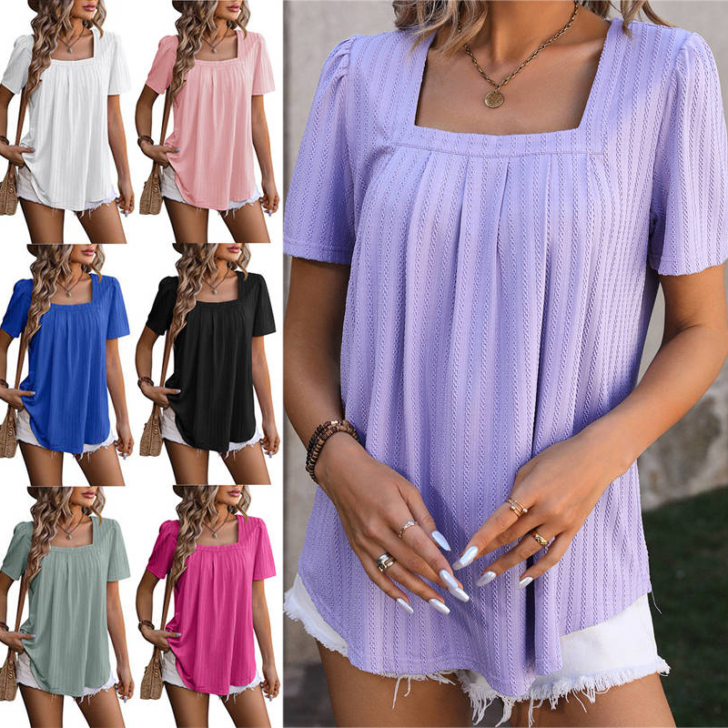 Women's Spring/Summer Leisure Puff Sleeve Square Collar Pleated Short Sleeve T-shirt - 图片 14