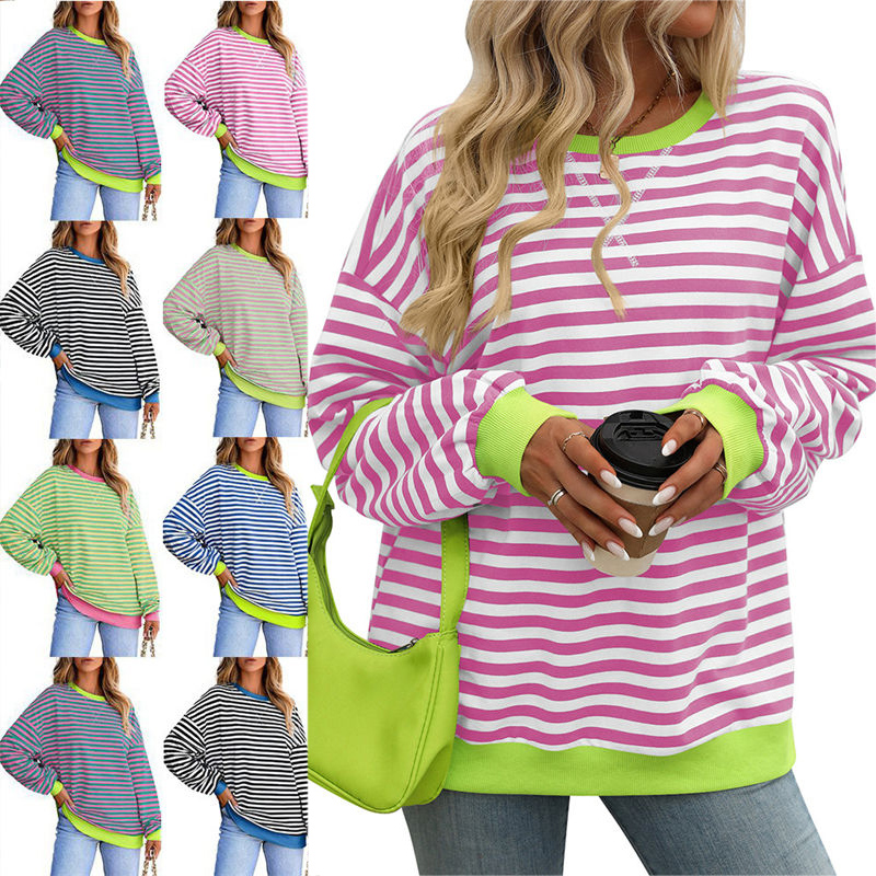 Color Striped round Neck Loose Sweatshirt Sweater for Women Long Sleeve Blouse - 图片 17