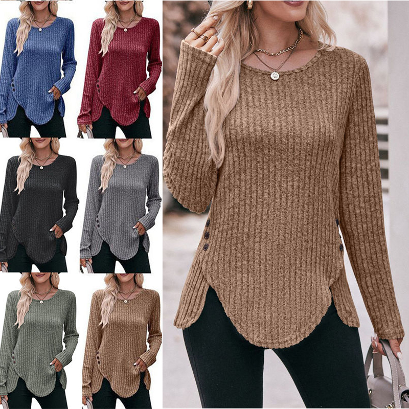 Women's Round-Neck Stripe Brushed Solid Color Top Long Sleeve Button T-shirt - Image 18
