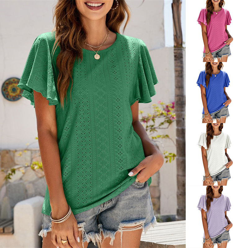Summer T-shirt Hollow Waist Ruffle Sleeve Casual Top Short Sleeved T-shirt - Image 16