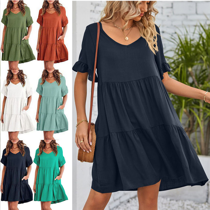 Women's Clothes Summer Casual V-neck Three-Layer Pleated Dress Short Sleeved Skirt - Image 15