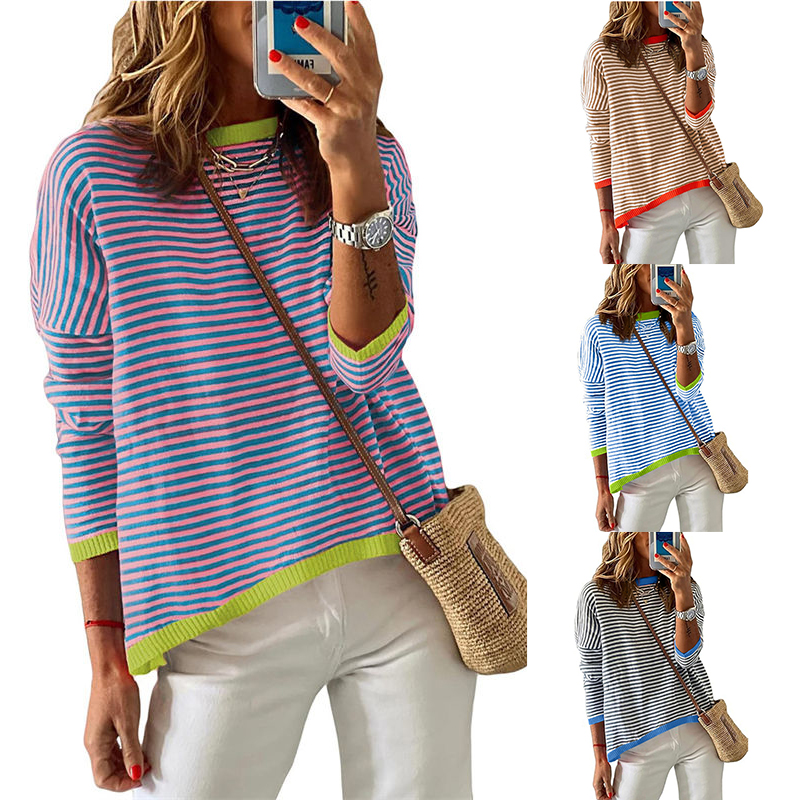Women's Clothing Round Neck Striped Contrast Color Long Sleeves Casual Sweater - Image 13