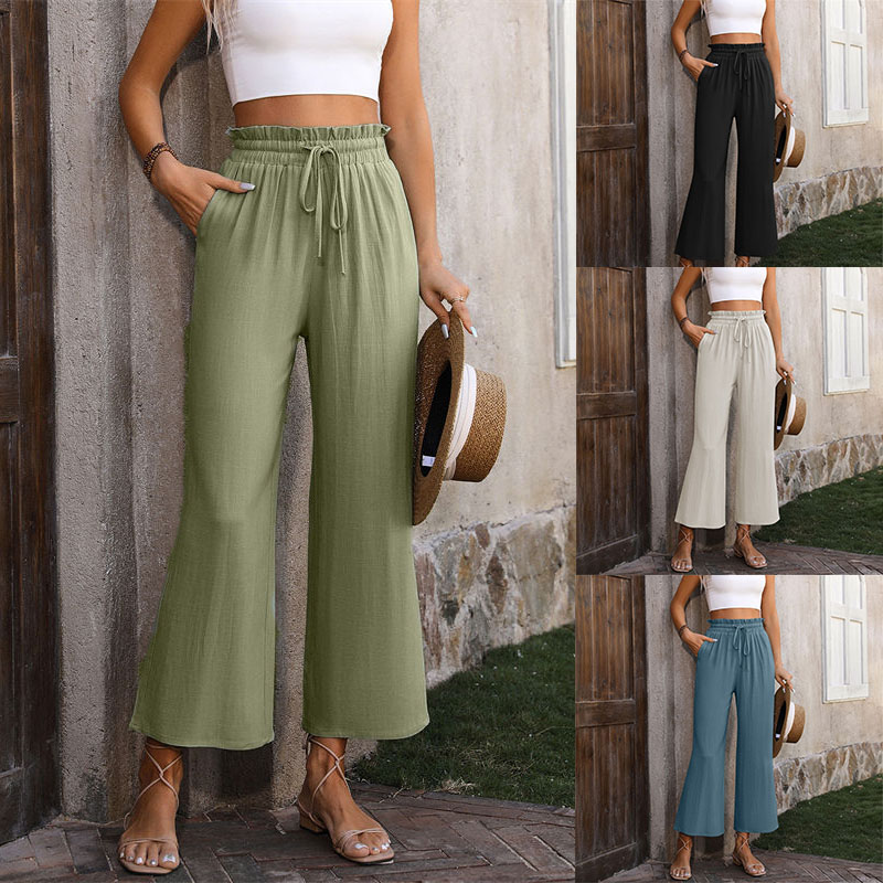 Women's Clothing Spring Casual Solid Color Loose Cotton and Linen High Waist Wide Leg Trousers - Image 14
