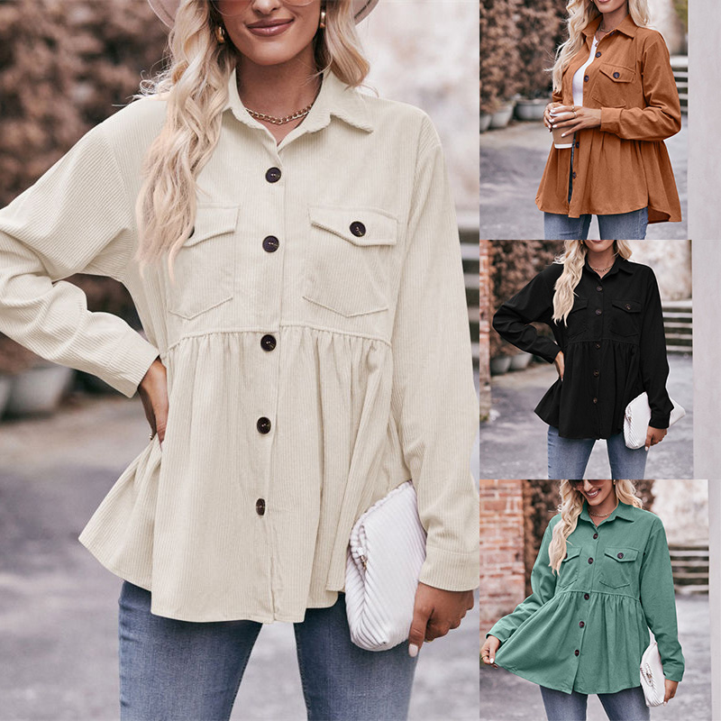 Women Clothing Solid Color Button Leisure Doll Shirt Babydoll Corduroy T-Shirt Casual Top - 图片 15