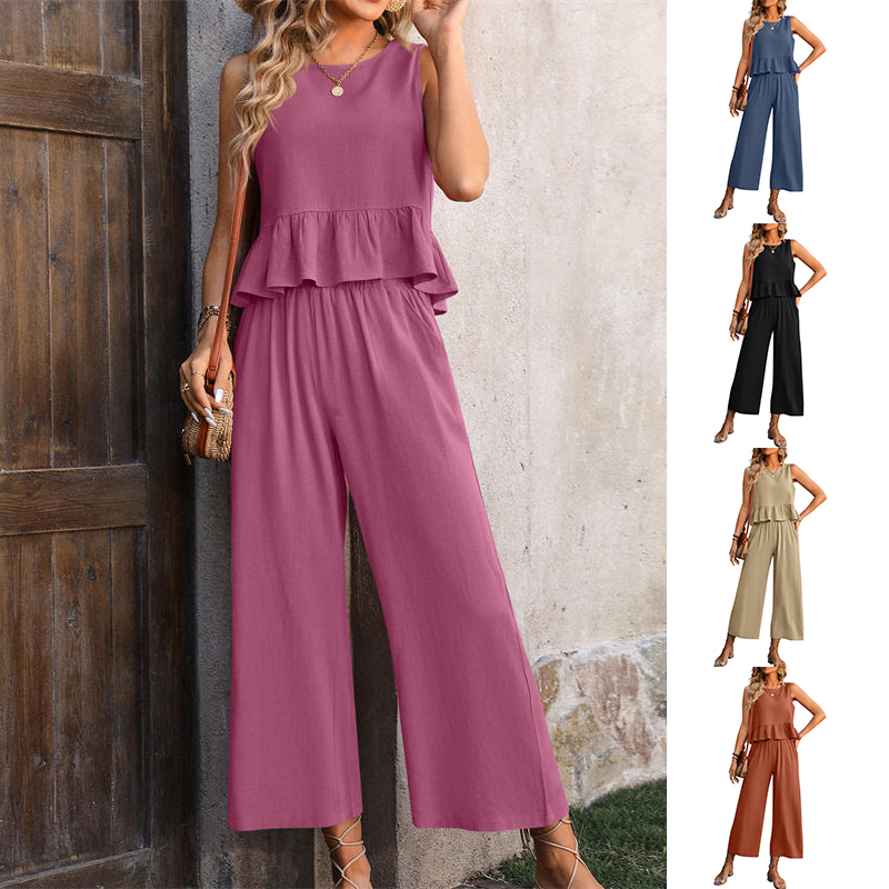 Women's Clothing Sleeveless Vest Wide Leg Cropped Pants Leisure Vacation Suit - 图片 19